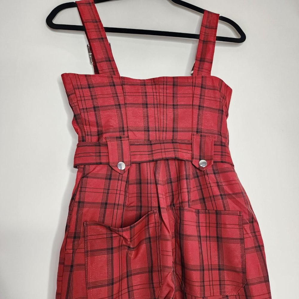 WeWoreWhat Y2K Plaid Moto Jumpsuit Overalls Stretch Buckle Adjustable Straps Red - Picture 9 of 9